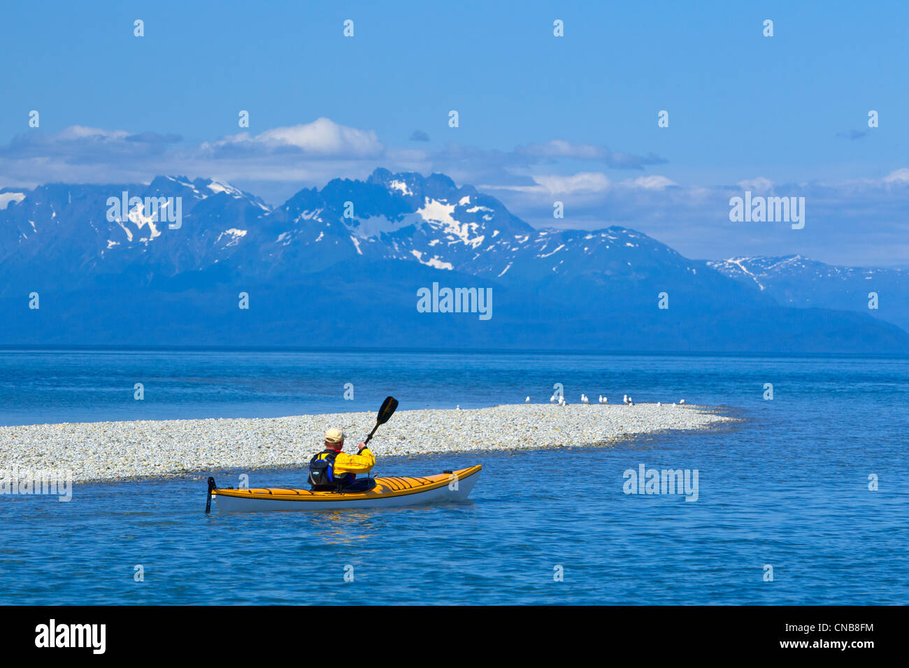 Sea kayaker pale lungo il litorale vicino a Juneau costa con le montagne sullo sfondo, Lynn Canal, a sud-est di Alaska Foto Stock