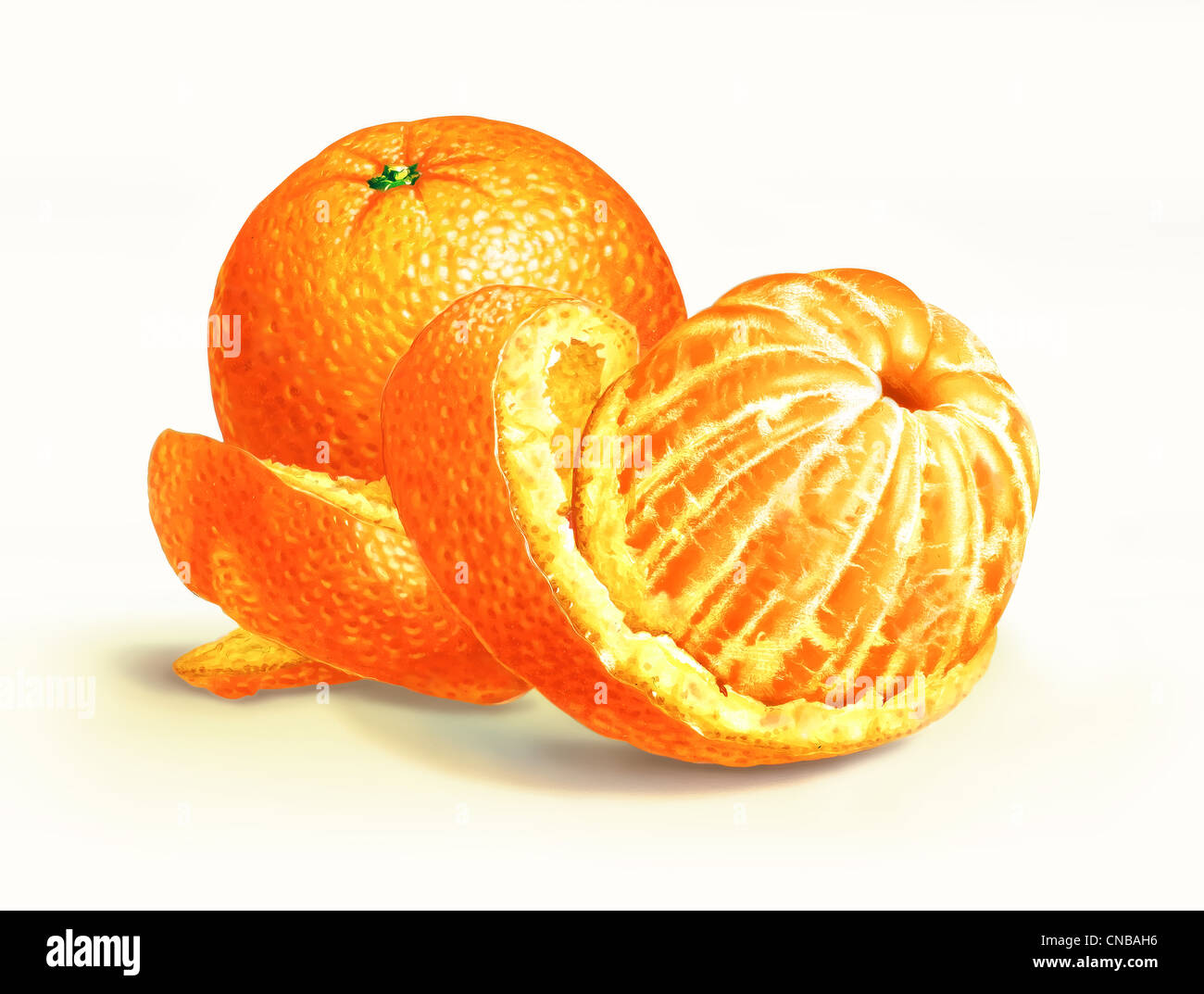 Due arance isolato su una superficie bianca, con uno di loro metà pelato, con la pelle che turbinano intorno esso. Su sfondo bianco. Foto Stock