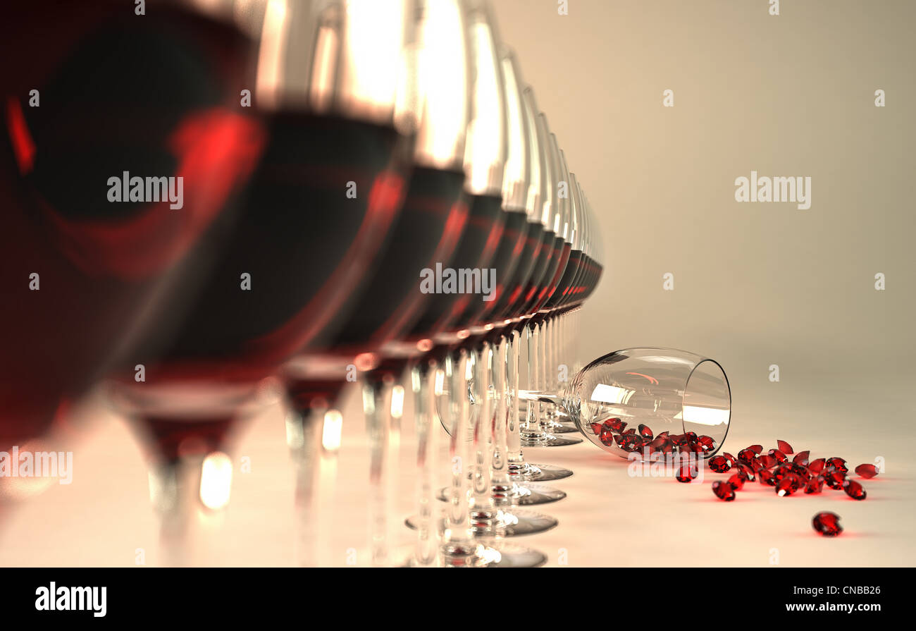 Fila di vino rosso occhiali, con uno di essi sentì giù sul pavimento, con molte pietre rubino uscente da esso Foto Stock