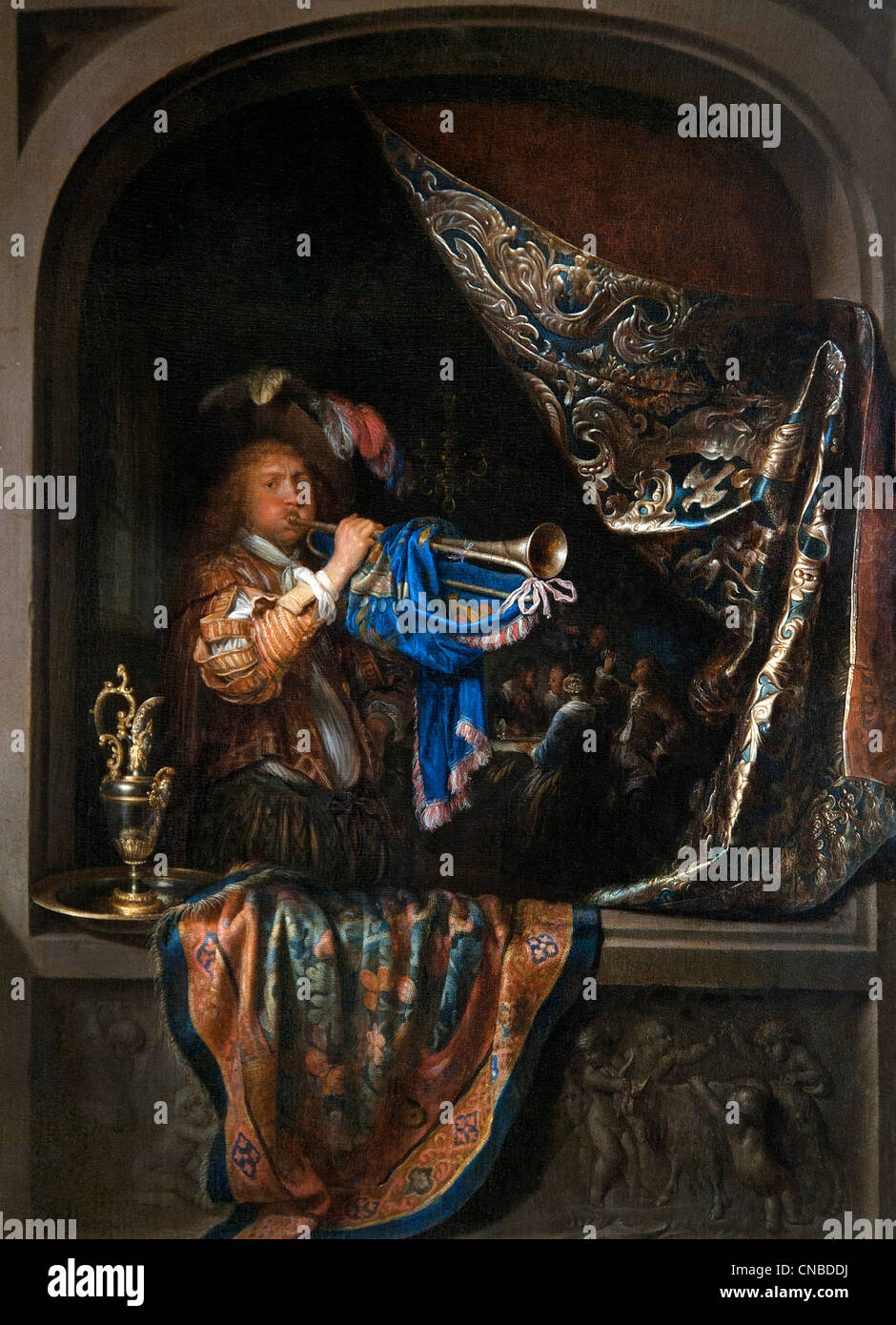 Trombettista davanti a un banchetto 1660 Gerard Dou 1613 - 1675 olandese Paesi Bassi Foto Stock