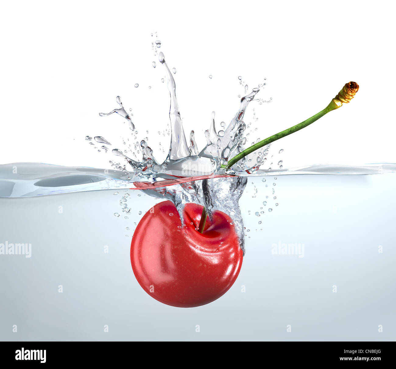 Rosso ciliegia di cadere in acqua limpida e schizzi. Vista ravvicinata. Foto Stock