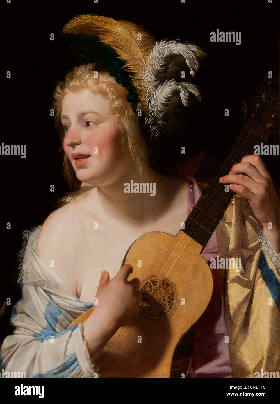 Femme jouant de la guitare - Donna suonare la chitarra 1624 Gerrit van Honthorst 1590 - 1656 Paesi Bassi Paesi Bassi Foto Stock