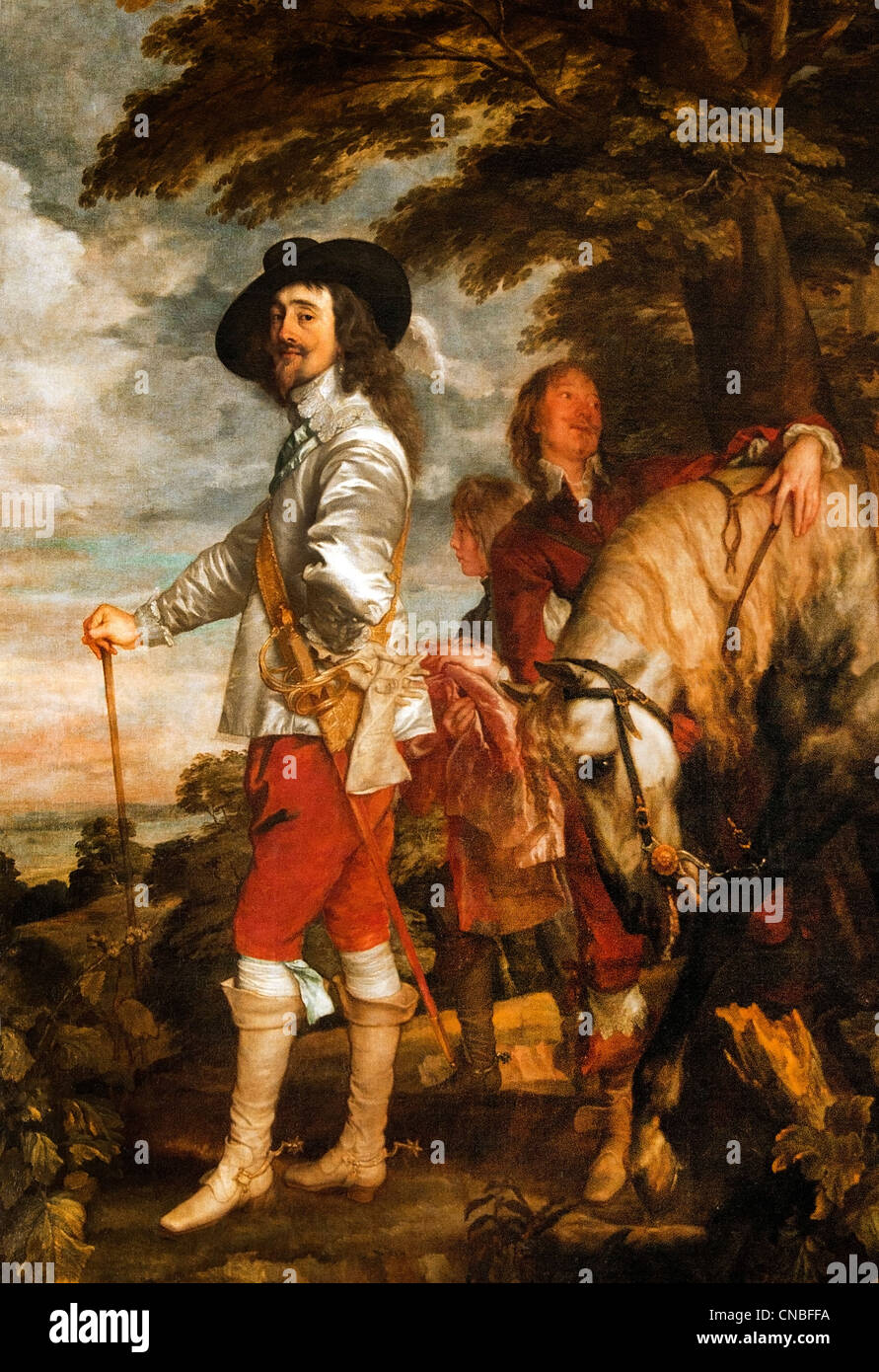 Carlo I alla caccia circa 1635 olio su tela pittura di ritratto di Sir Anthony van Dyck re Carlo I d'Inghilterra cacciatore elegante Museo del Louvre Foto Stock