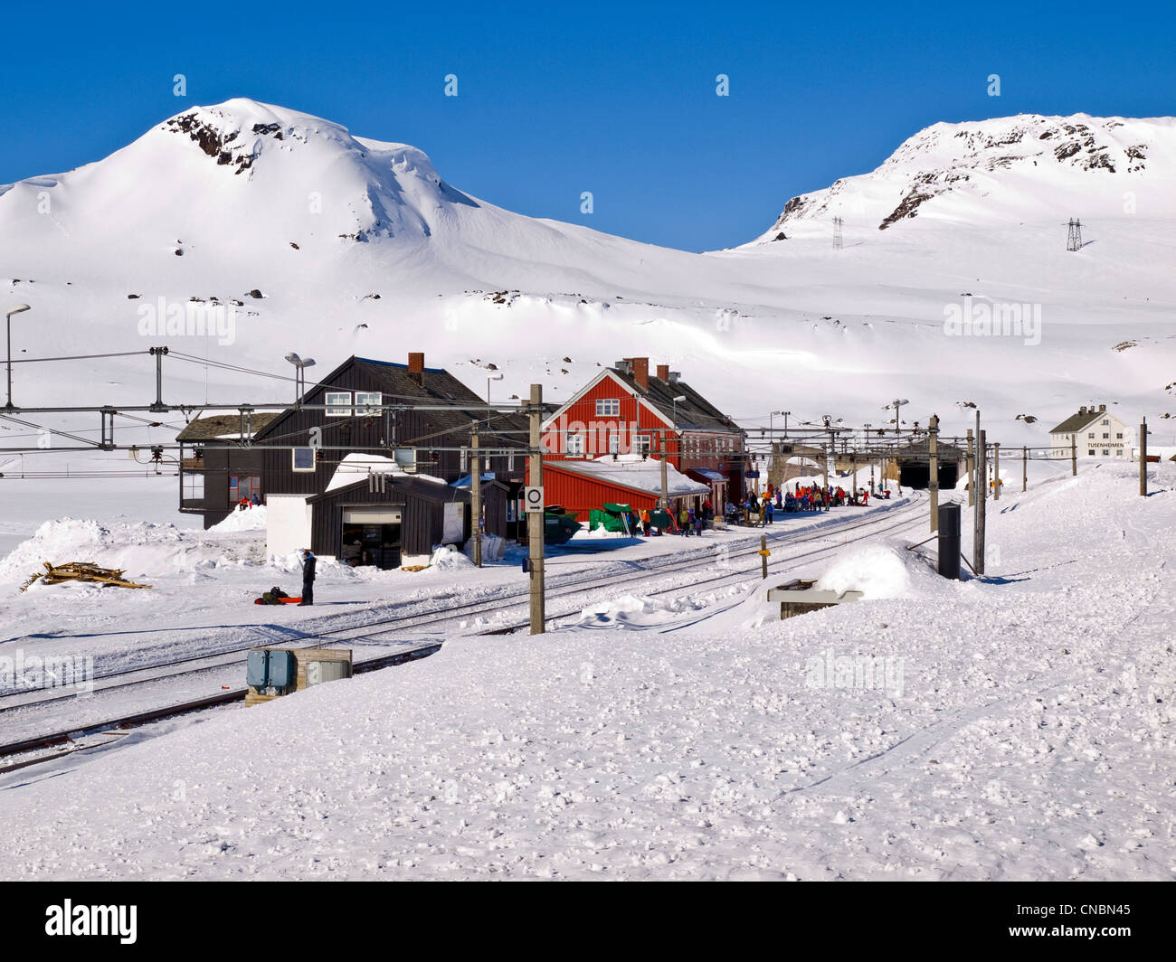 Finse stazione ferroviaria sulla Hardanger plateau in Norvegia, l'inverno. In Oslo a Bergen railway Foto Stock