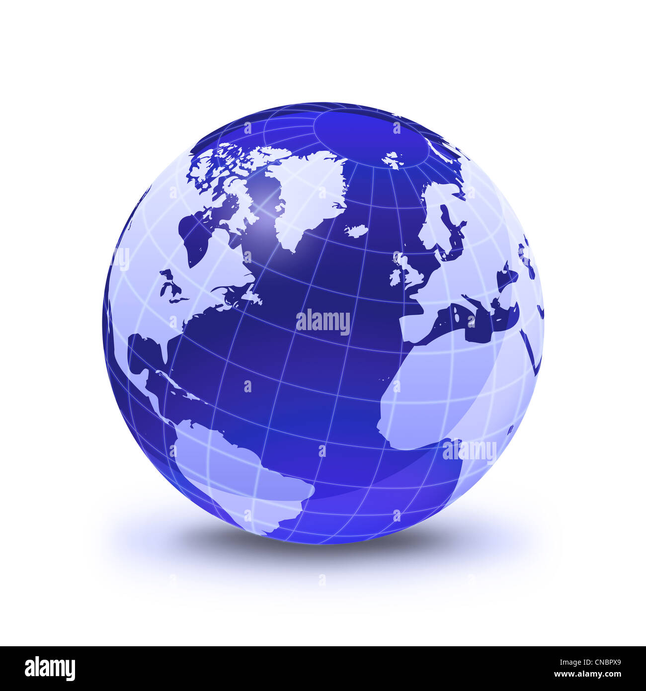 Globo terrestre stilizzata, in colore blu lucido e bianco con griglia incandescente. Sulla superficie bianca con scesa shadow, Pacific Ocean View. Foto Stock