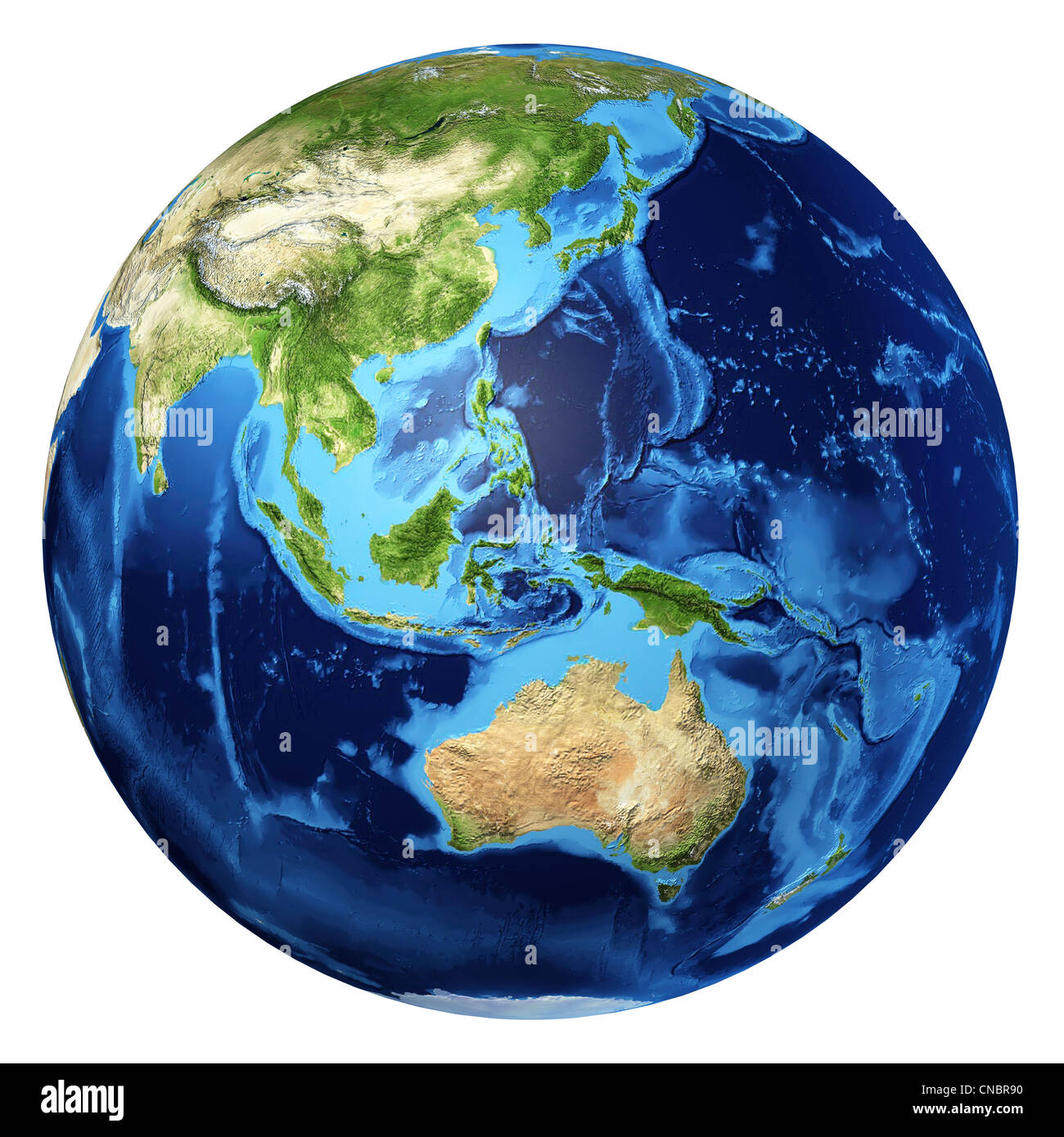 Globo terrestre, realistico in 3D rendering. Oceania vista. Su sfondo bianco. Foto Stock