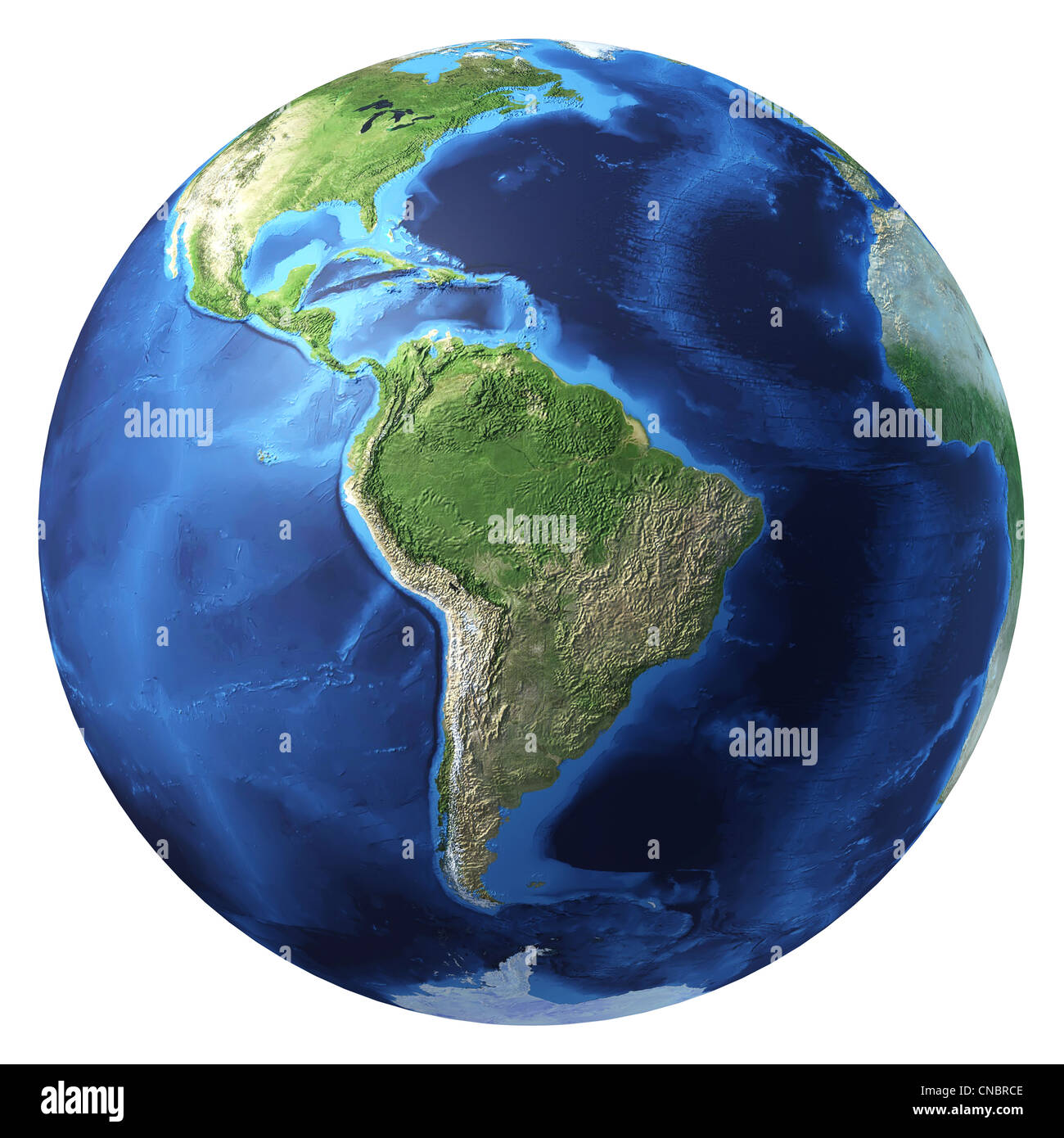 Globo terrestre, realistico in 3D rendering. Sud America vista. Su sfondo bianco. Foto Stock