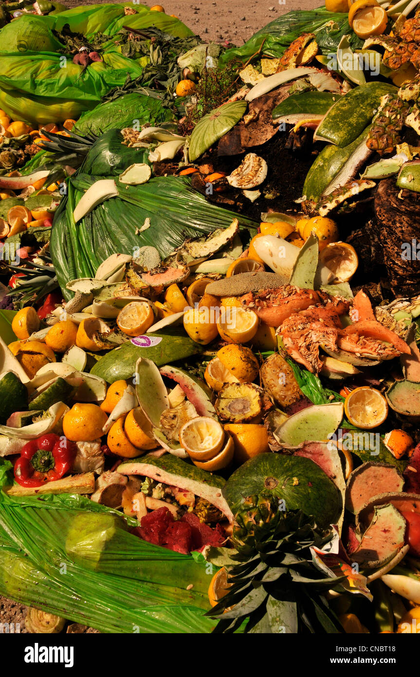 Cibo e compostabile materiali dai ristoranti e i fornitori di prodotti alimentari sono a sinistra per compost. Foto Stock