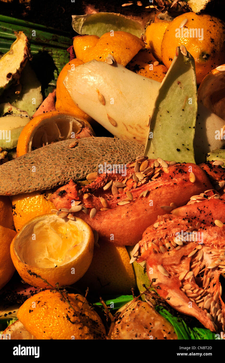 Cibo e compostabile materiali dai ristoranti e i fornitori di prodotti alimentari sono a sinistra per compost. Foto Stock