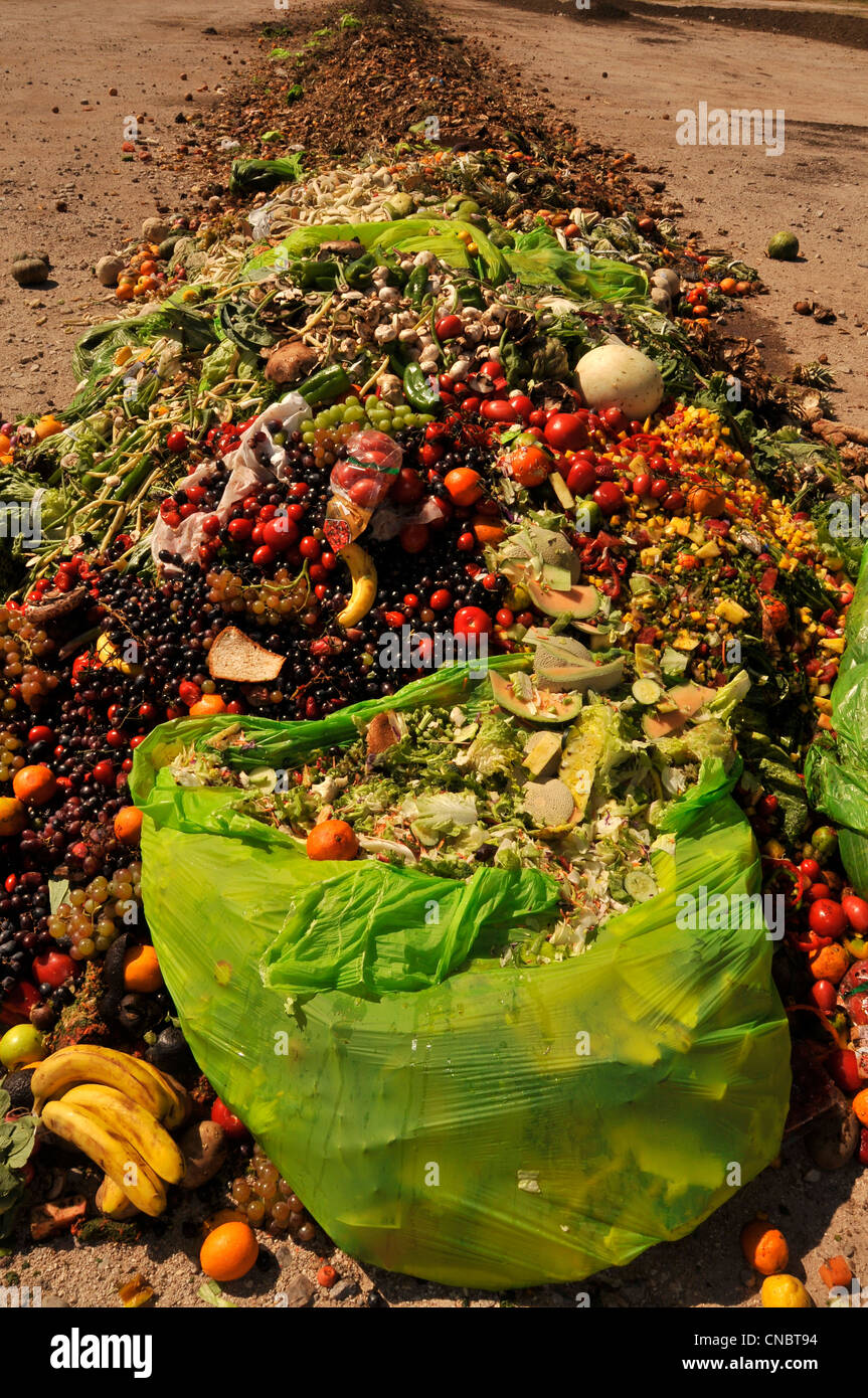 Cibo e compostabile materiali dai ristoranti e i fornitori di prodotti alimentari sono a sinistra per compost. Foto Stock
