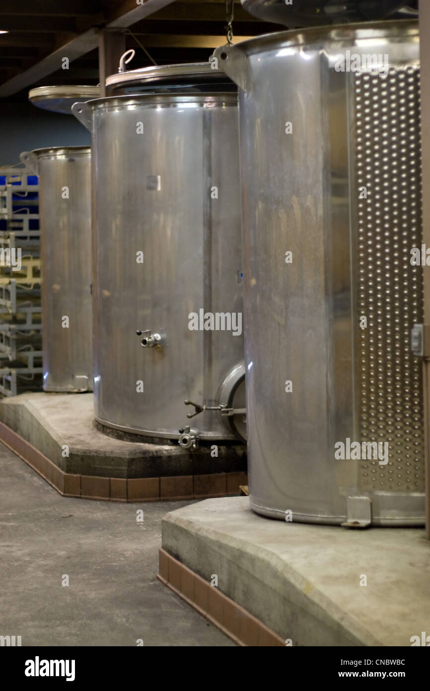 Il moderno alluminio botti dove il succo di uve è affinato in vino si trova in un vigneto cantina. Foto Stock