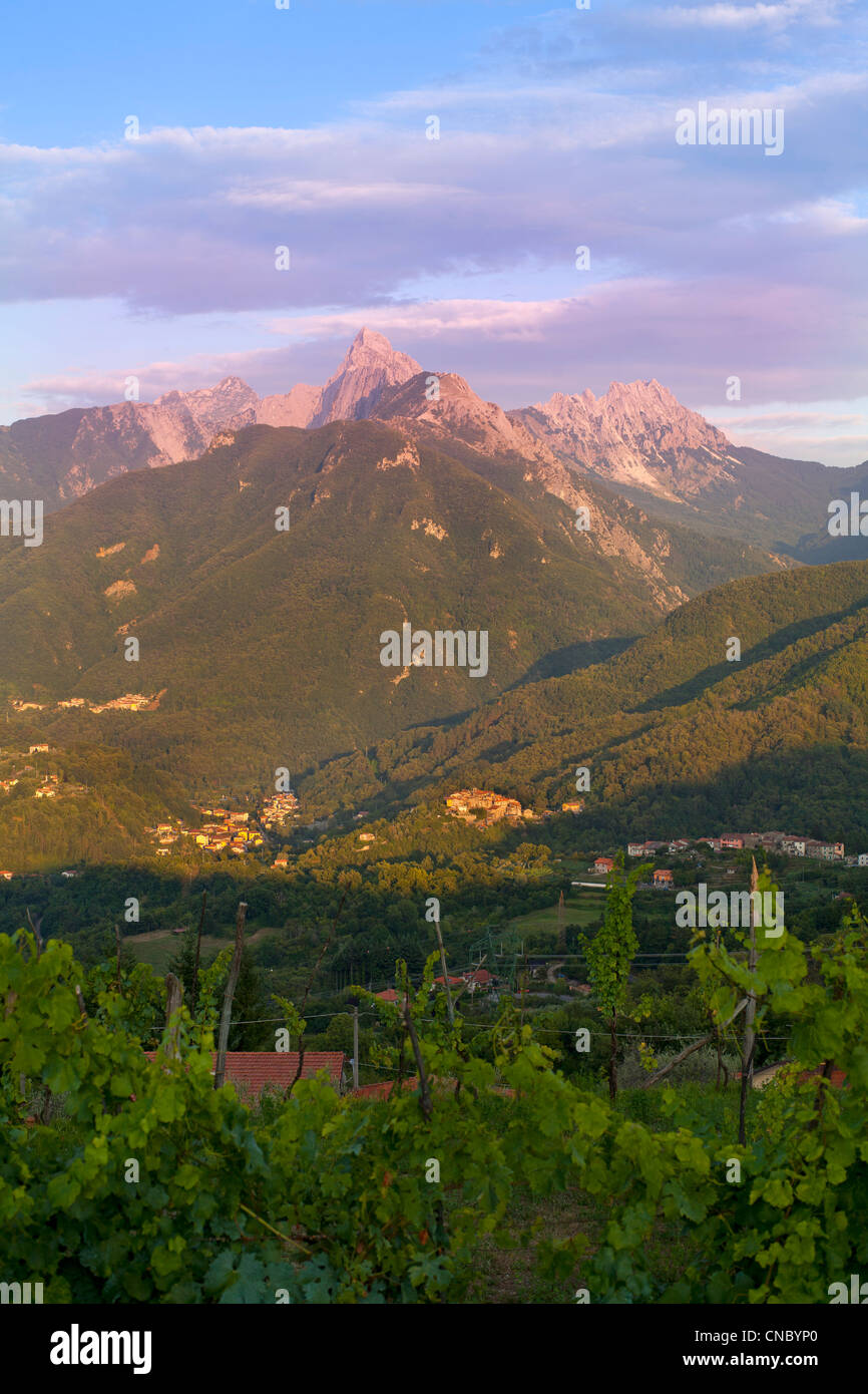 L'Italia, Toscana, Monzone e le Alpi Apuane in tarda serata luce Foto Stock