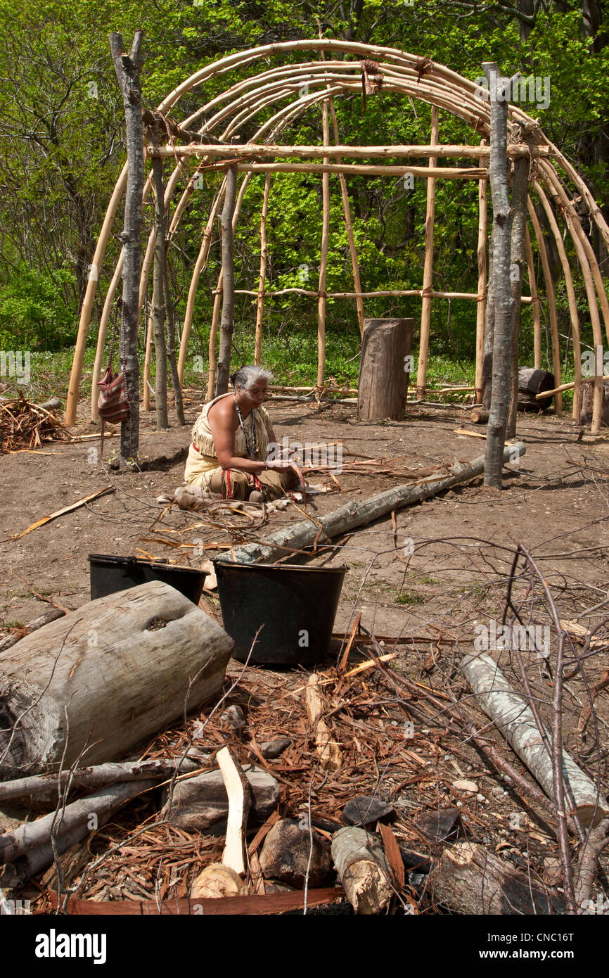 Piantagione Plimoth, Plymouth Massachusetts, coloniale americana la ricreazione del primo stabile insediamento europeo New England Foto Stock