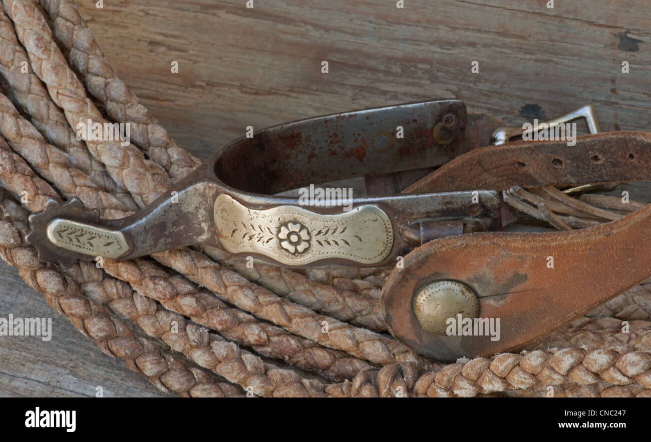 Antique equitazione sperone con incisione e cinturino pelle sulla fune Foto Stock