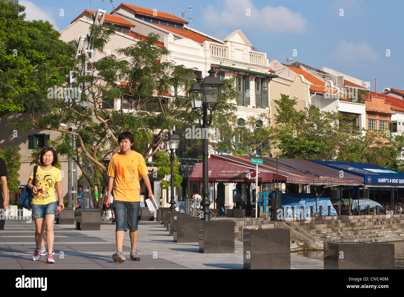 Singapore, Boat Quay dal Fiume Singapore con la sua casa nel tardo XIX secolo Foto Stock