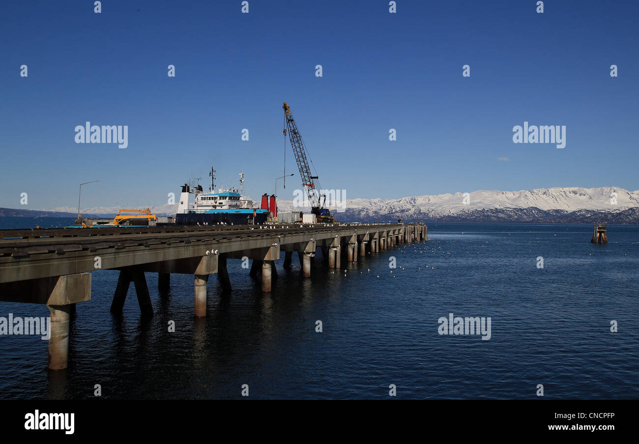 Commerciale dock profondo molo in Alaska di omero in una giornata di sole. Foto Stock