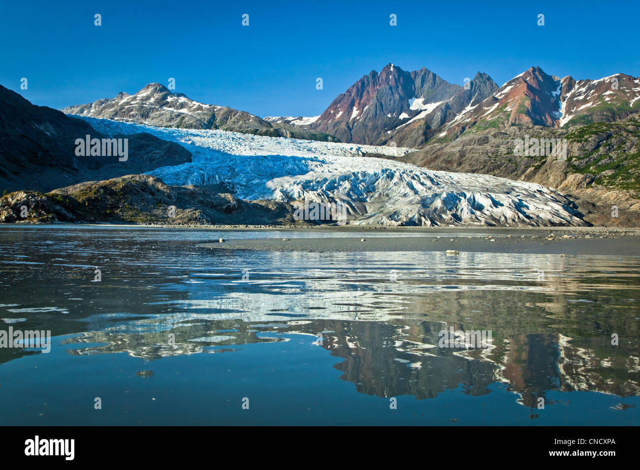 Vista panoramica del ghiacciaio Riggs riflettendo sull'acqua di ingresso Muir, Parco Nazionale di Glacier Bay & preservare, Alaska Foto Stock