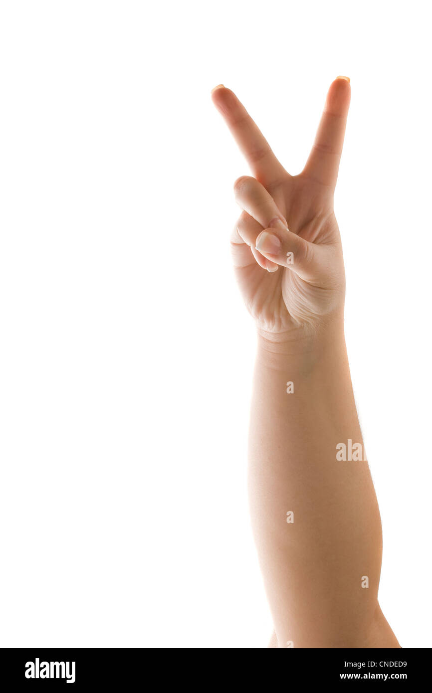 Una mano che regge il segno di pace o numero due con due dita isolato su bianco. Foto Stock