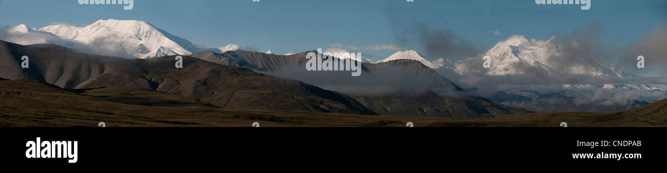 Panorama dell'Alaska Range di montagne. Monte McKinley (20320') estrema destra. Parco Nazionale di Denali, Alaska. Foto Stock