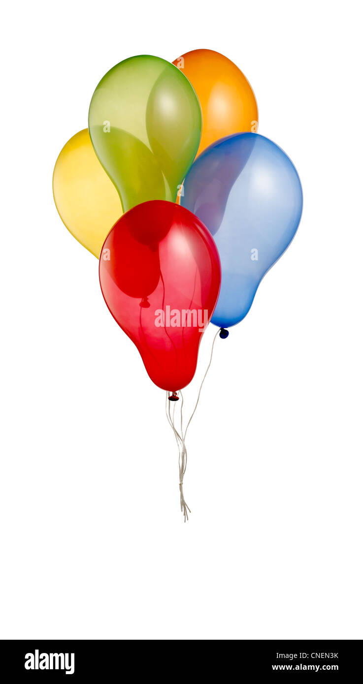 Un mazzetto di coloratissimi palloni di elio isolato su bianco con tracciato di ritaglio Foto Stock