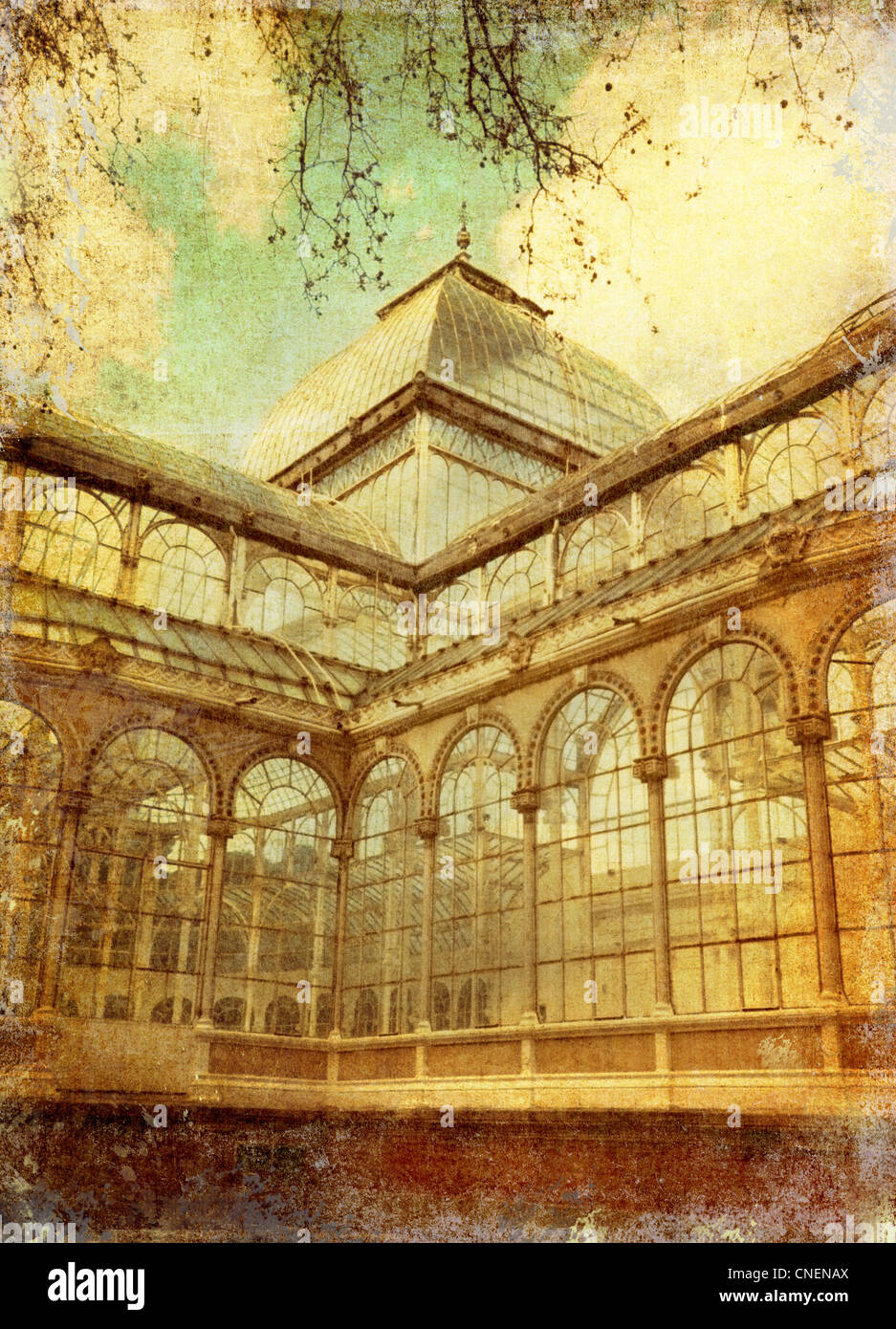 Madrid, Crystal Palace, romantico e vintage elaborazione con una texture con grunge e effetti retrò, come una vecchia cartolina Foto Stock