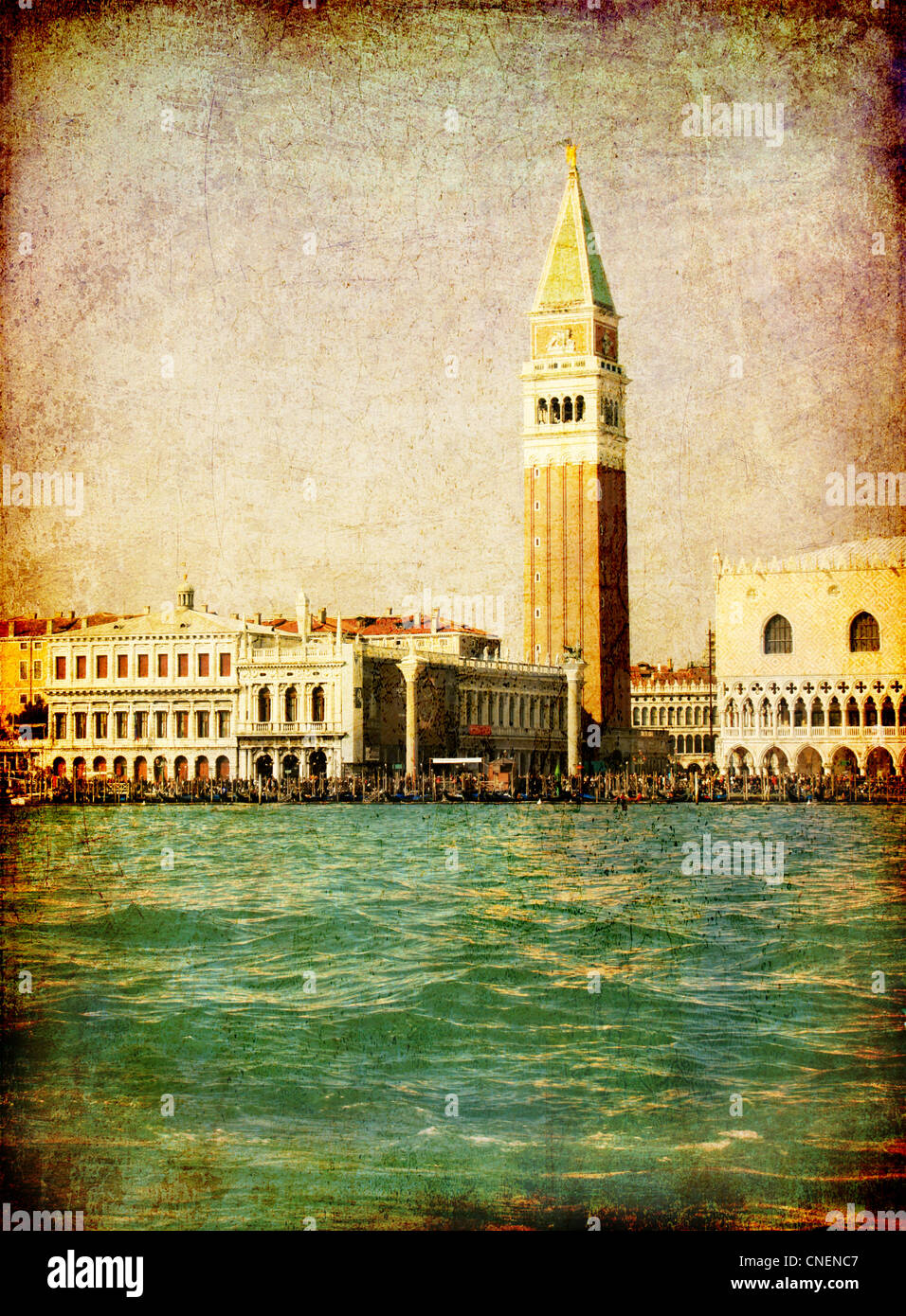 Venezia, Piazza San Marco su una texture retrò con effetti grunge, come una vecchia cartolina Foto Stock