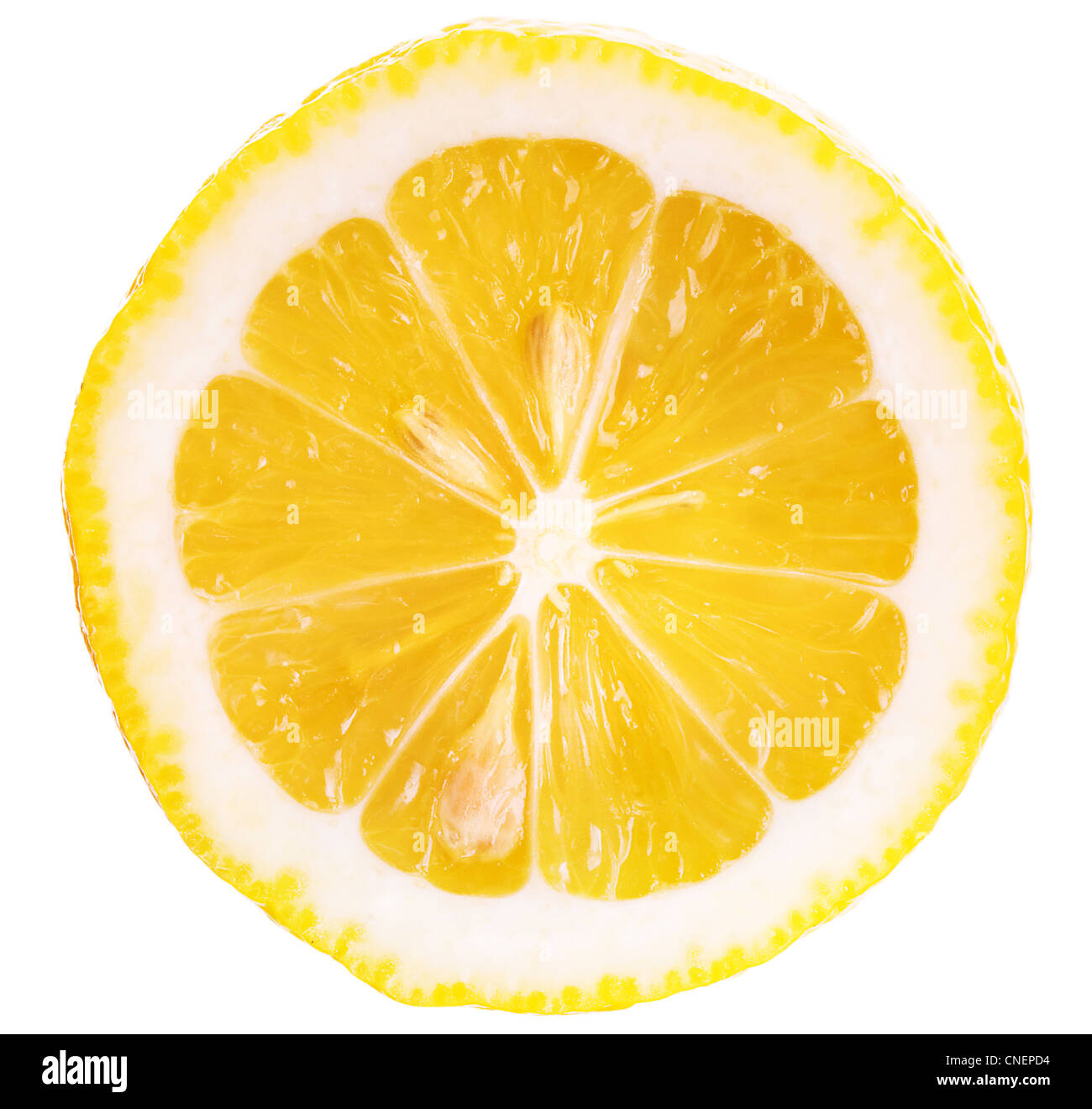 Fetta di limone maturo con tre box isolati su sfondo bianco Foto Stock