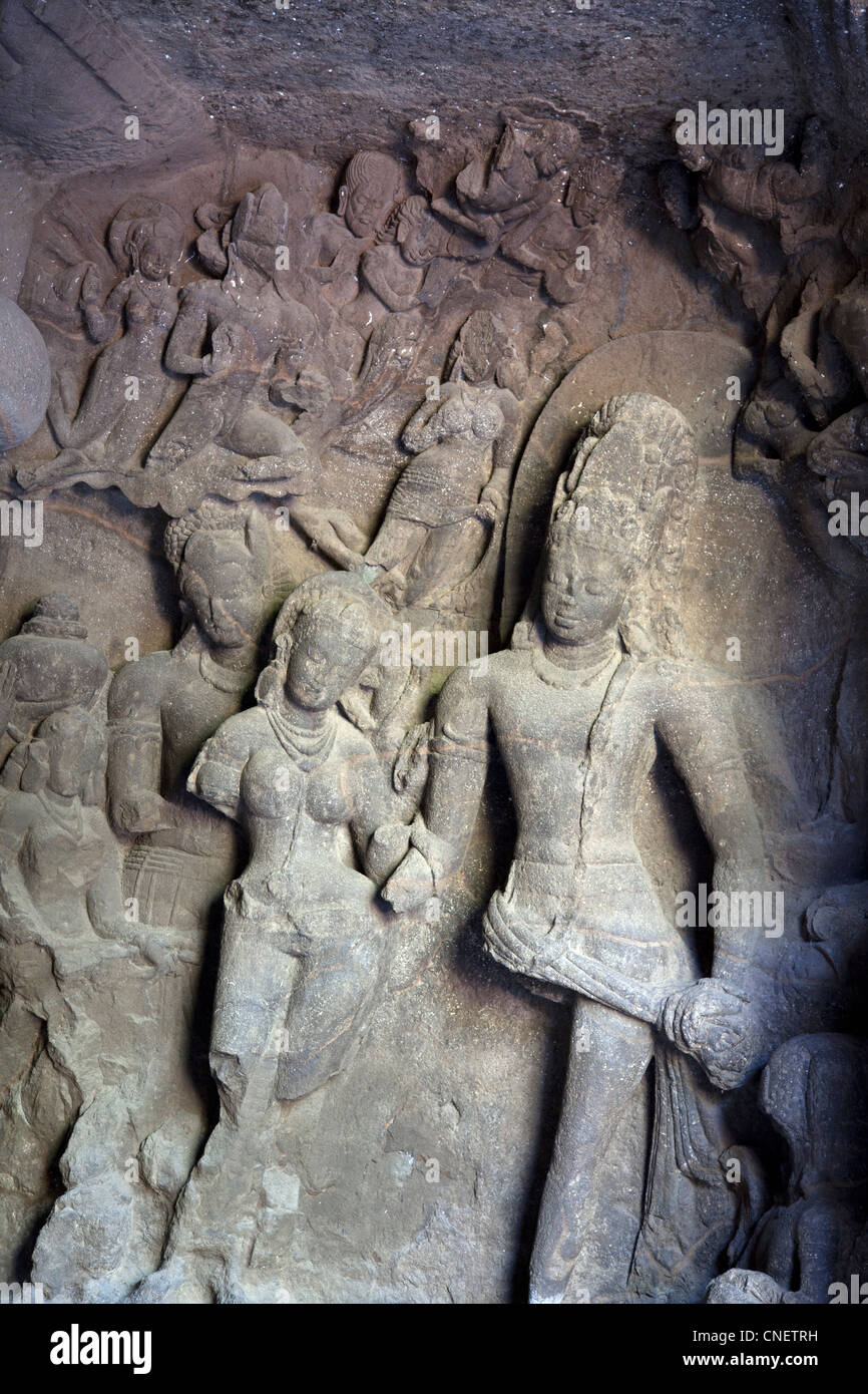 India, un mondo heriate sito UNESCO, l'isola Elephanta antiche sculture in pietra. Foto Stock