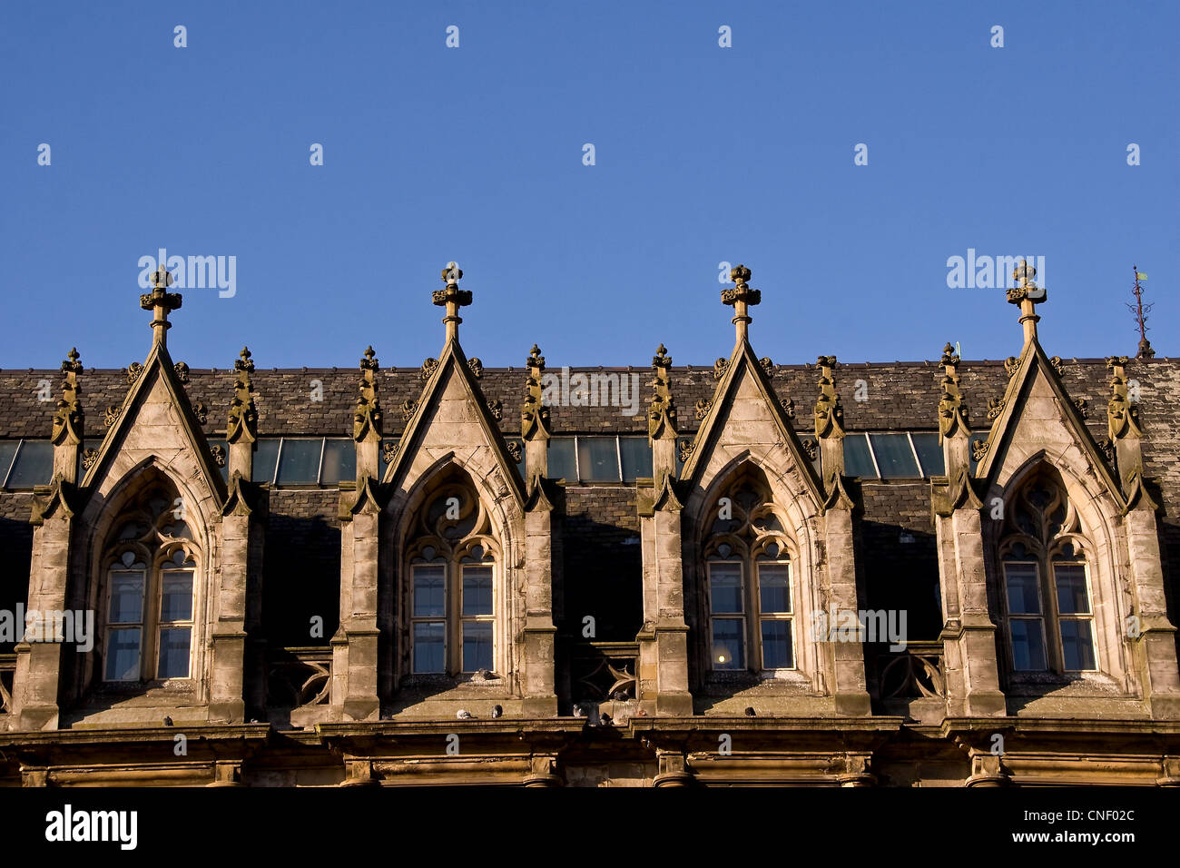 Sun riflette le ombre tra le righe di Scottish ottocento stile gotico finestre ad arco su un vecchio edificio elencato a Dundee, Regno Unito Foto Stock