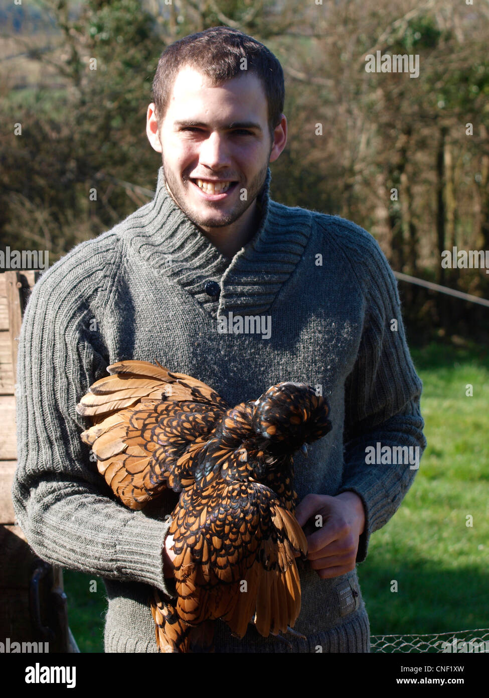 Giovane agricoltore tenendo un pollo polacco, Cornwall, Regno Unito Foto Stock