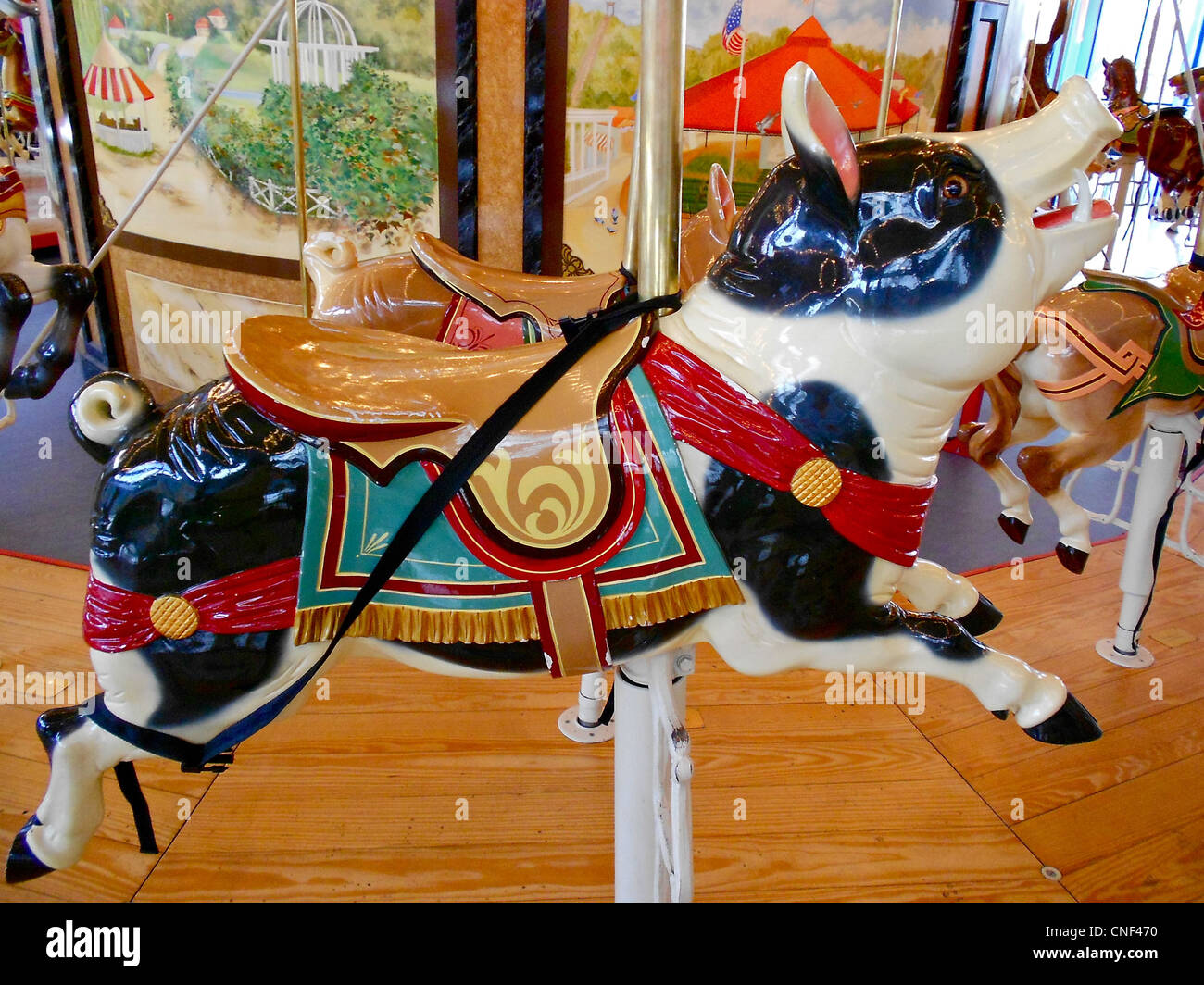 I suini figura sul Dentzel Carousel a Please Touch Museum di Philadelphia. Foto Stock