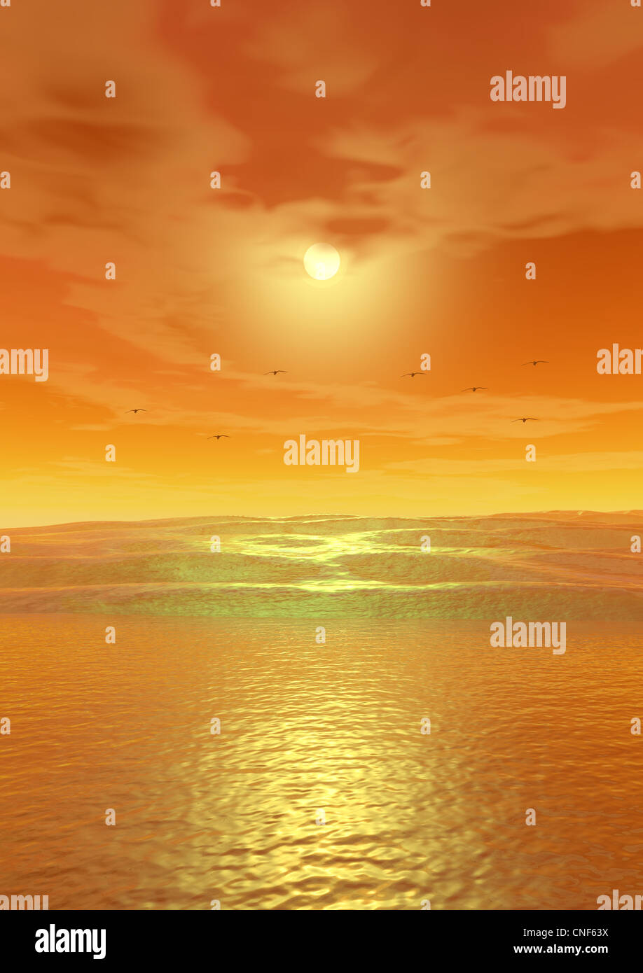 Il mare e il cielo giallo Foto Stock