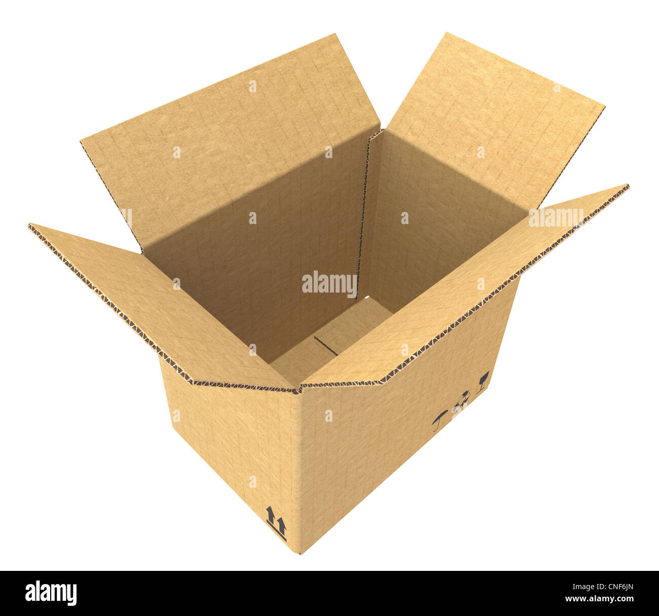 Vista dall'alto di un aprire la scatola di cartone. Texture di cartone. Isolato. Parte del Magazzino e logistica serie. Foto Stock