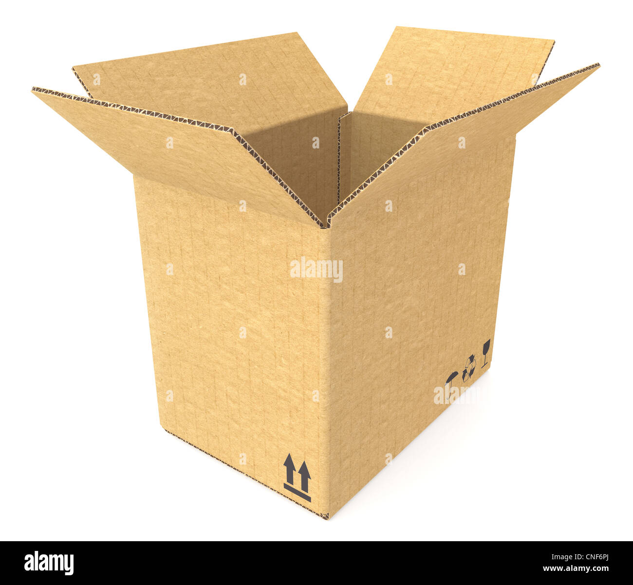 Vista laterale di aprire una scatola di cartone. Texture di cartone. Piano ombra. Parte del Magazzino e logistica serie. Foto Stock