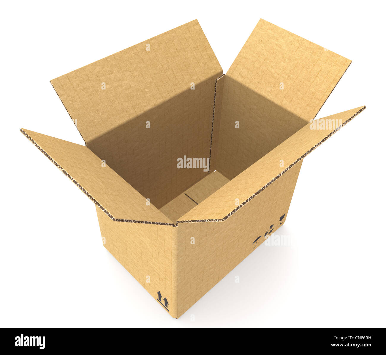 Vista dall'alto di un aprire la scatola di cartone. Texture di cartone. Piano ombra. Parte del Magazzino e logistica serie. Foto Stock