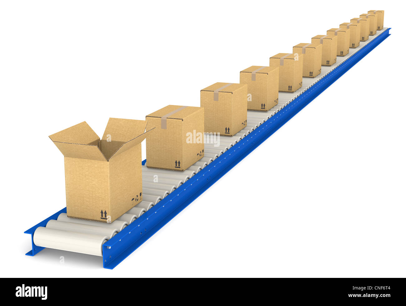 Nastro trasportatore con le caselle. Una aperta. Texture di cartone. Parte del Magazzino e logistica serie. Foto Stock