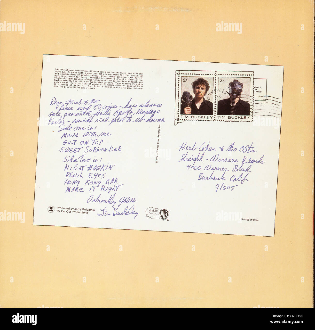 Coperchio posteriore del 1972 Tim Buckley album "Saluti da la'. Foto cortesia Granamour Weems Collection Foto Stock