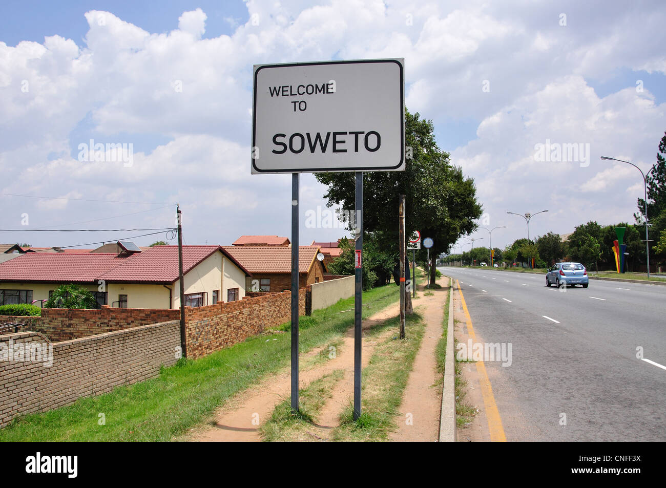 Benvenuto a Soweto segno, Soweto, Johannesburg, provincia di Gauteng, Repubblica del Sud Africa Foto Stock