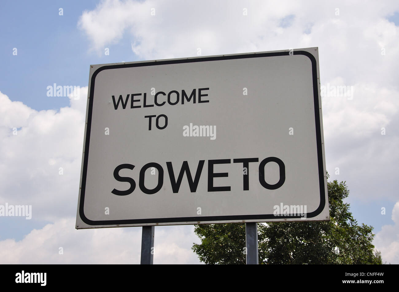 Benvenuto a Soweto segno, Soweto, Johannesburg, provincia di Gauteng, Repubblica del Sud Africa Foto Stock