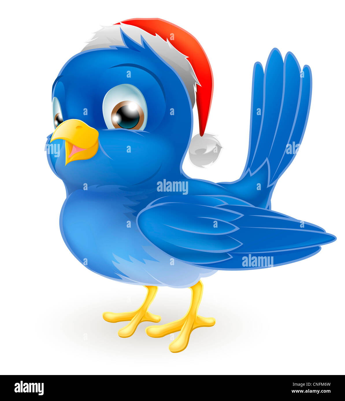 Un cartoon blue bird in Christmas Santa hat illustrazione Foto Stock