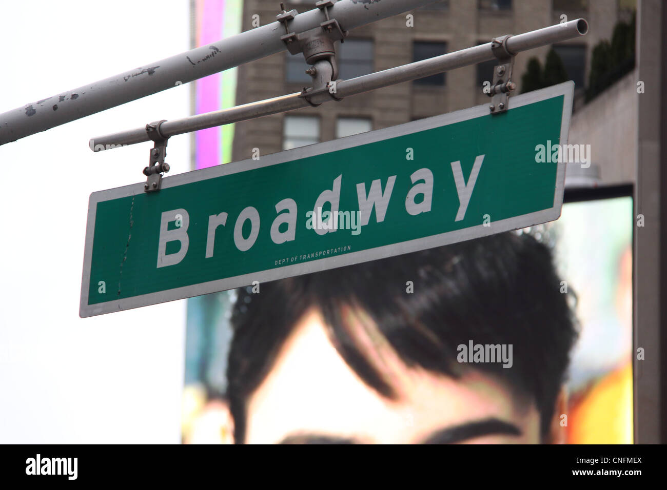 New York Broadway Street cartello stradale. Verde Pensile di Broadway segno. Foto Stock
