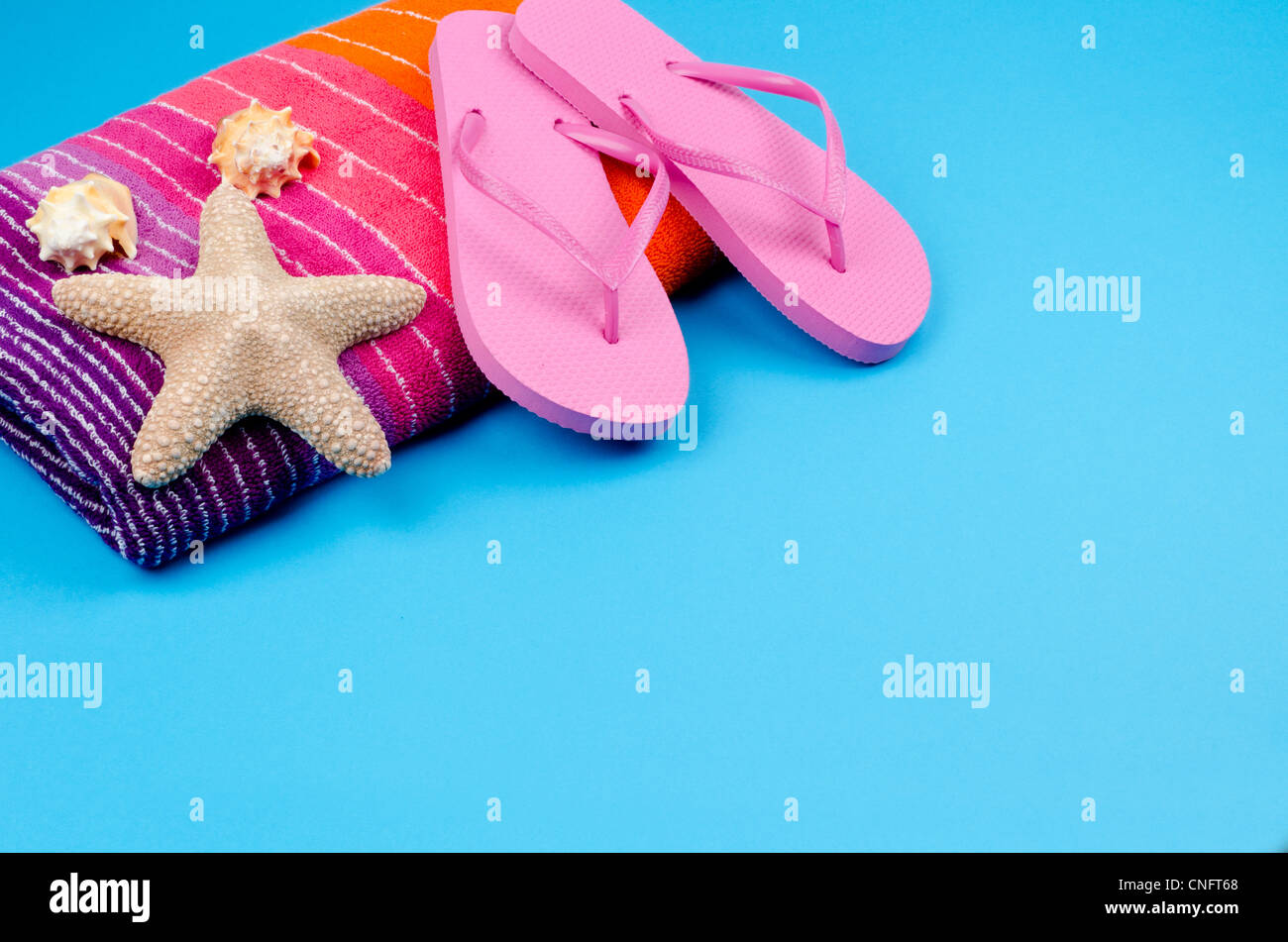 Rosa flipflops collocato su un cotone morbido telo da spiaggia con una stella di mare e conchiglie - fondo azzurro con spazio di copia Foto Stock