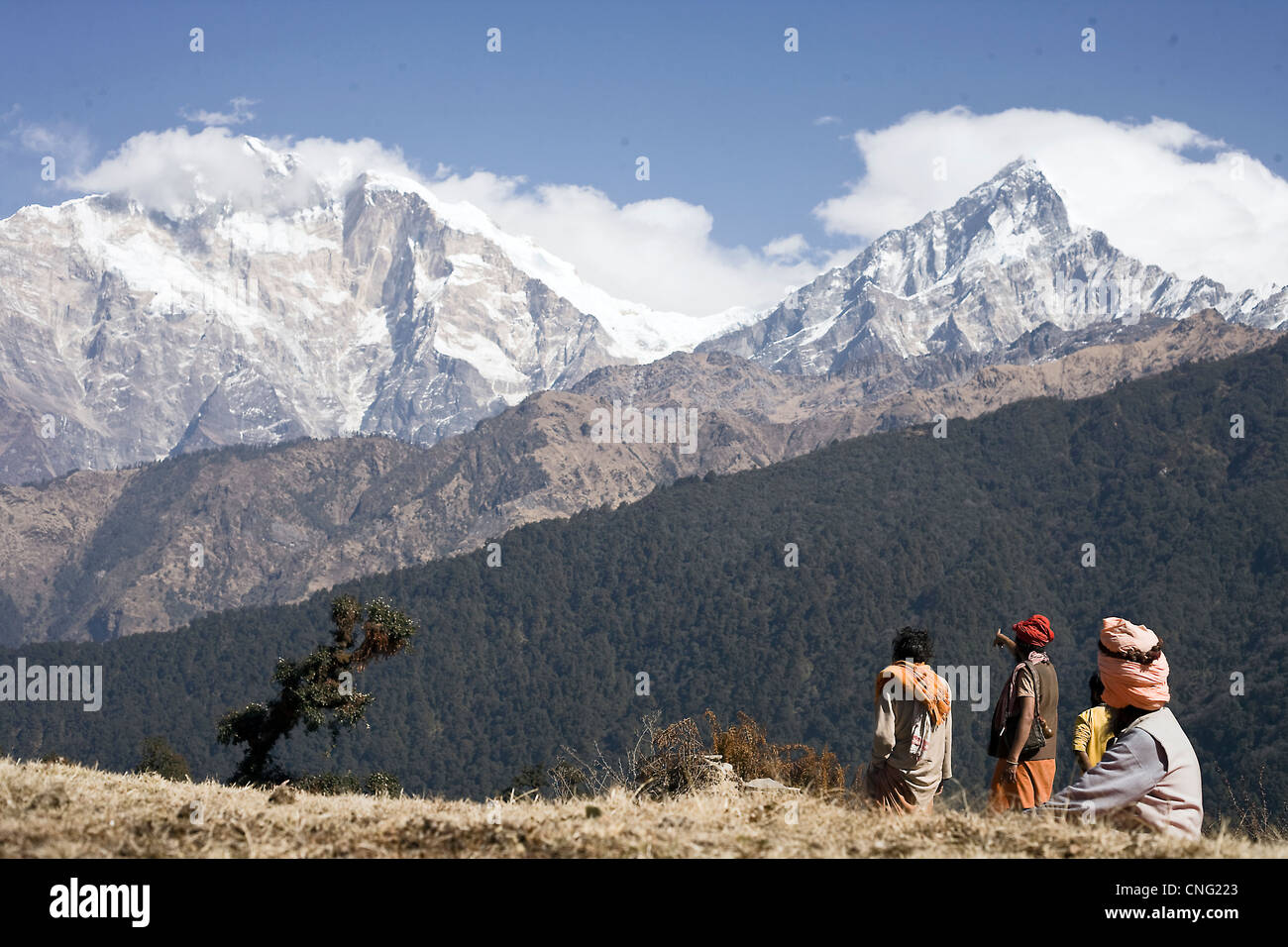 Sadhus guardando Himalaya sul modo di Muktinath santo , il Nepal Foto Stock
