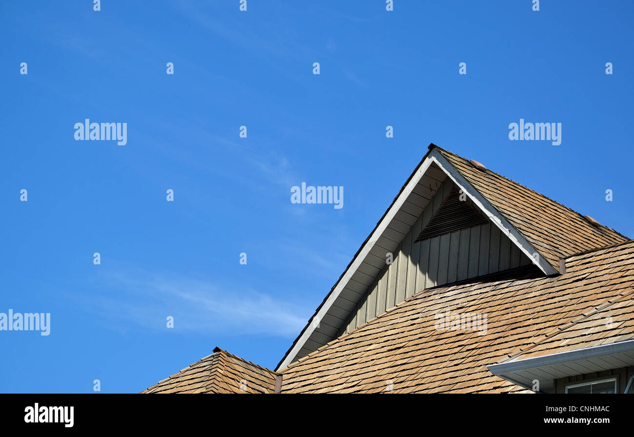 Macro sul tetto della casa contro il cielo blu Foto Stock