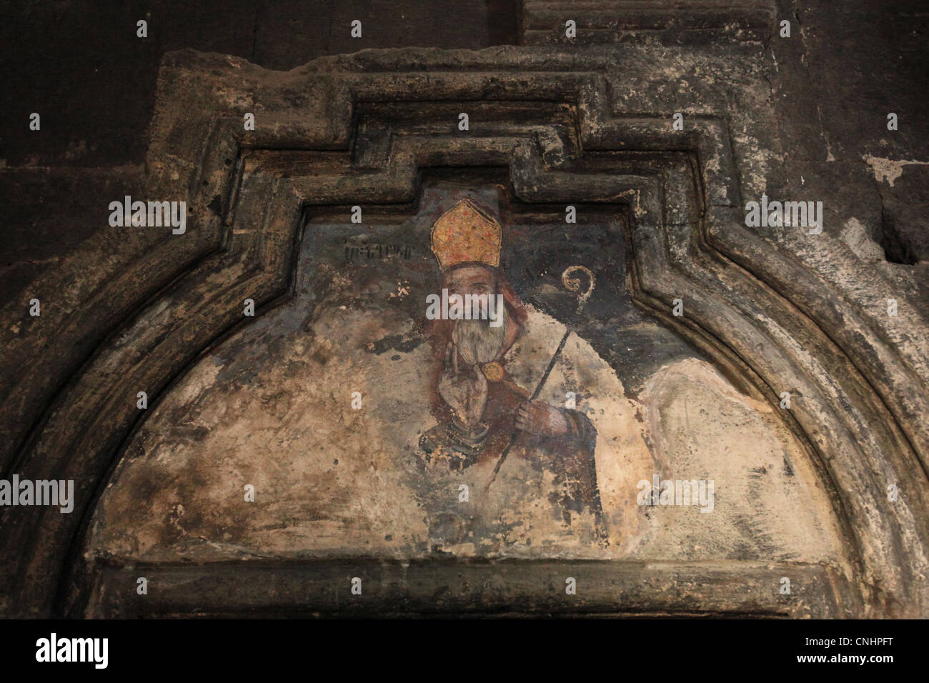 San Gregorio l Illuminatore. Affresco medioevale nel monastero Saghmosavank nella provincia di Aragatsotn, Armenia. Foto Stock