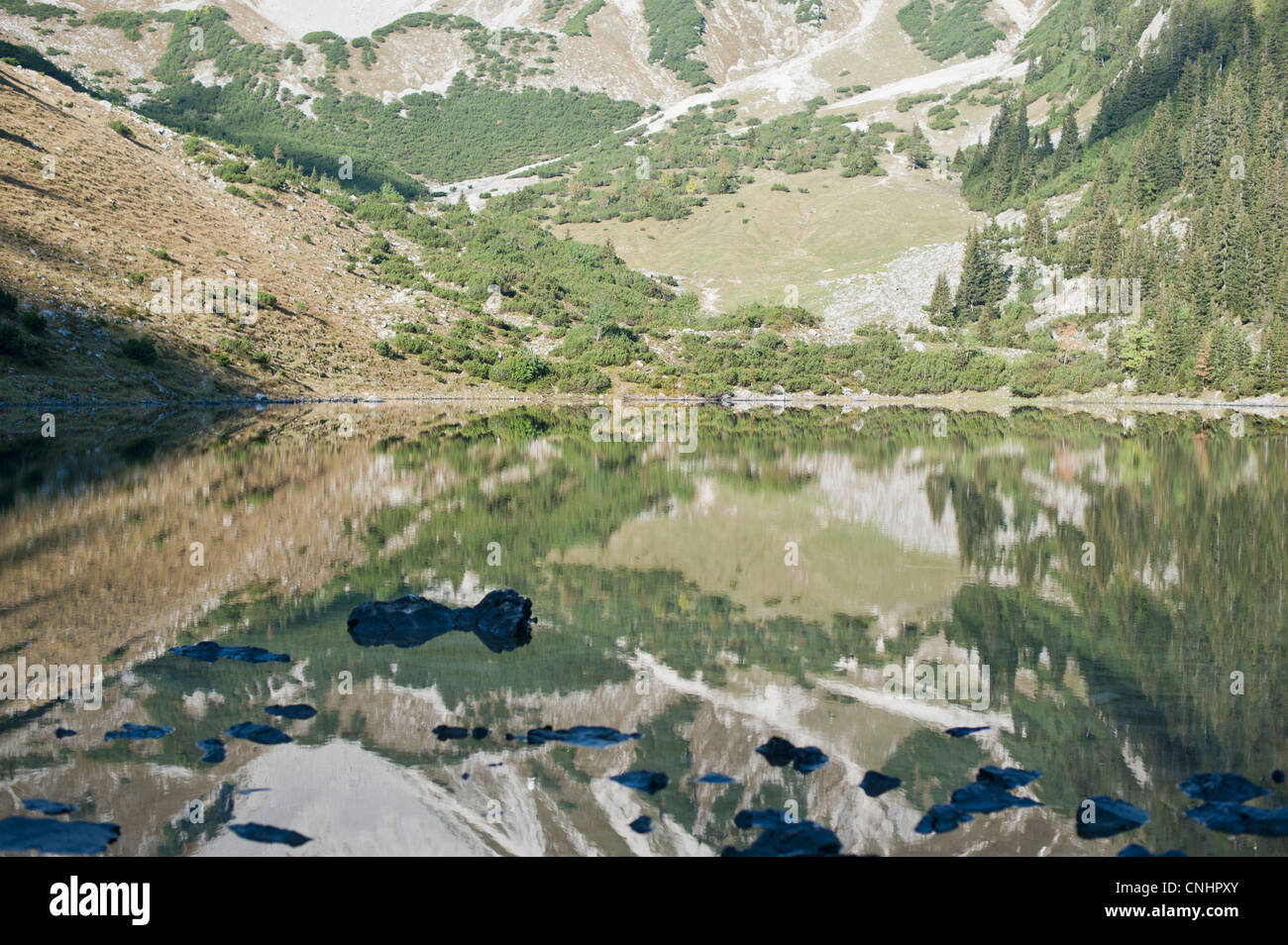 La riflessione in un lago, Mittenwald, Germania Foto Stock