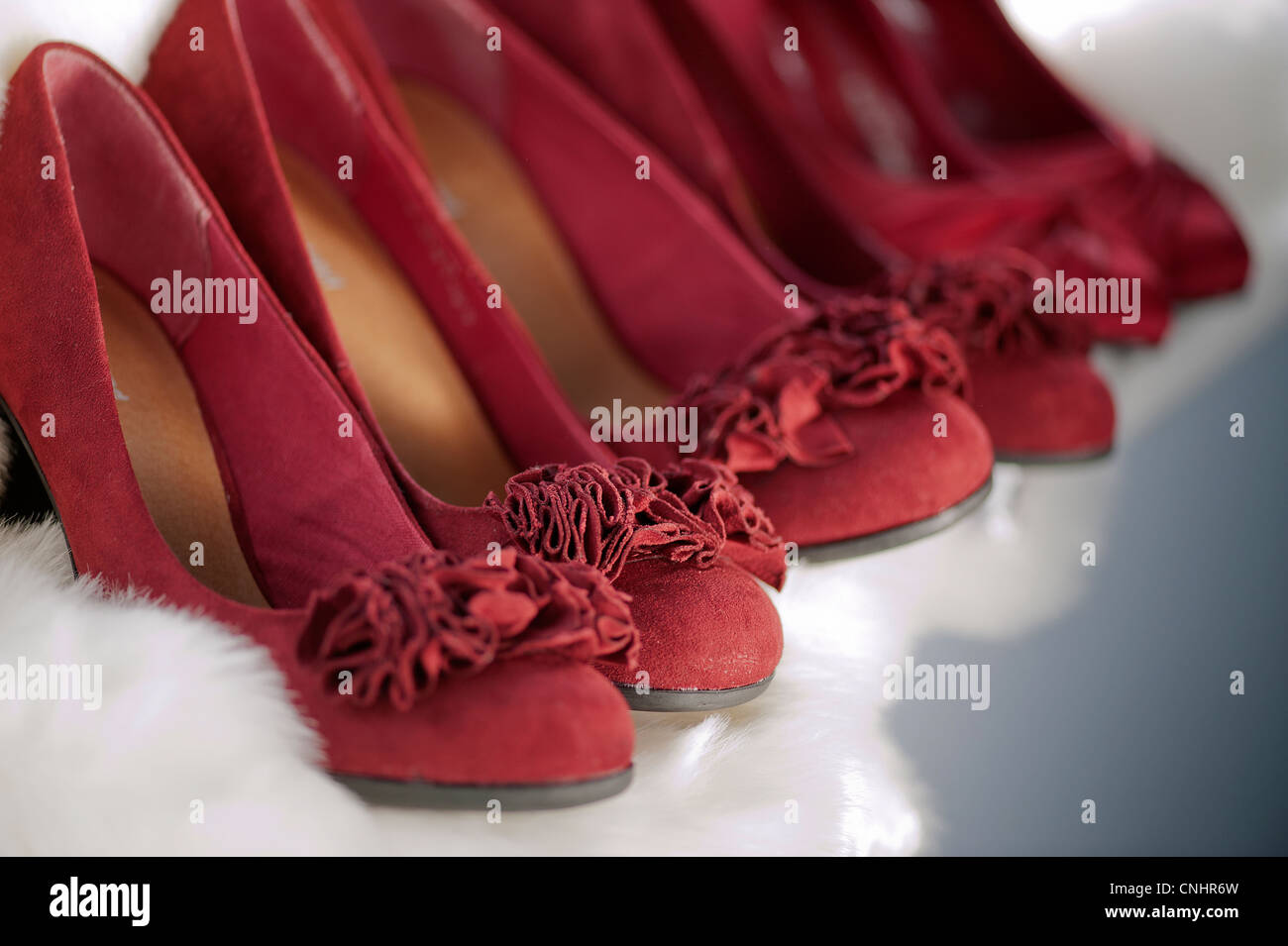 Linea di camoscio rosso damigella womens scarpe col tacco su una pelliccia bianca sullo sfondo Foto Stock