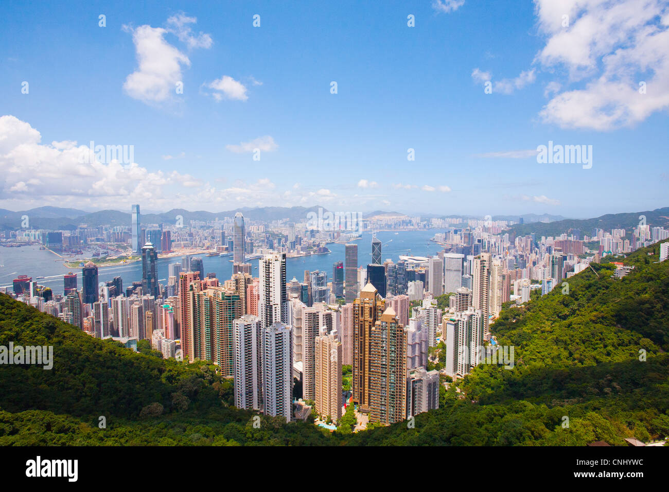 Vista del porto di Victoria e dalla centrale di Victoria Peak, Hong Kong Foto Stock