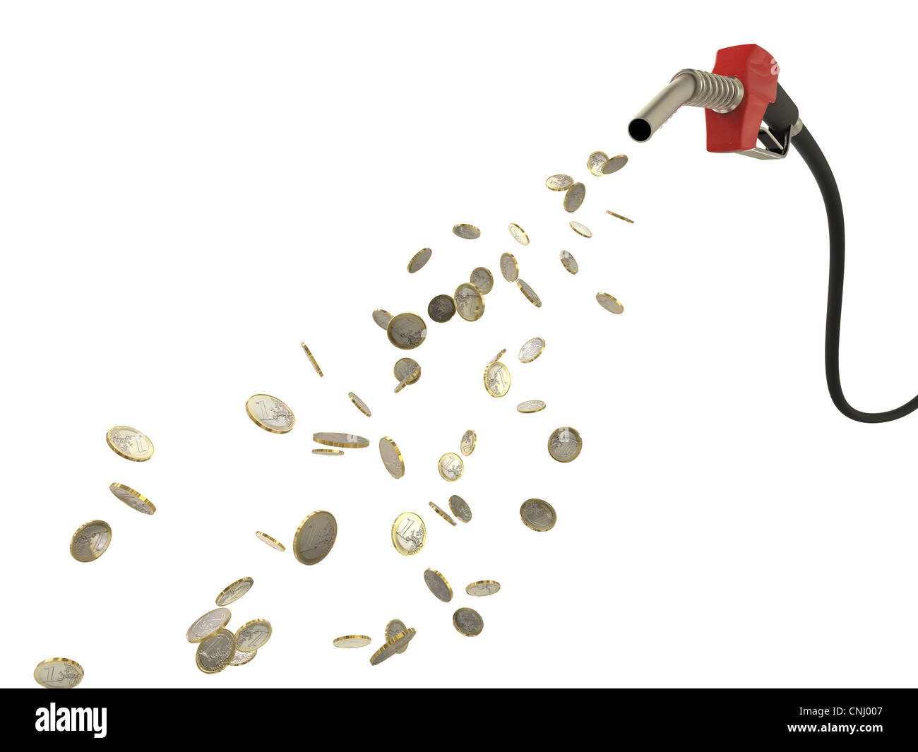 Ugello carburante versamento delle monete in euro isolati su sfondo bianco Foto Stock