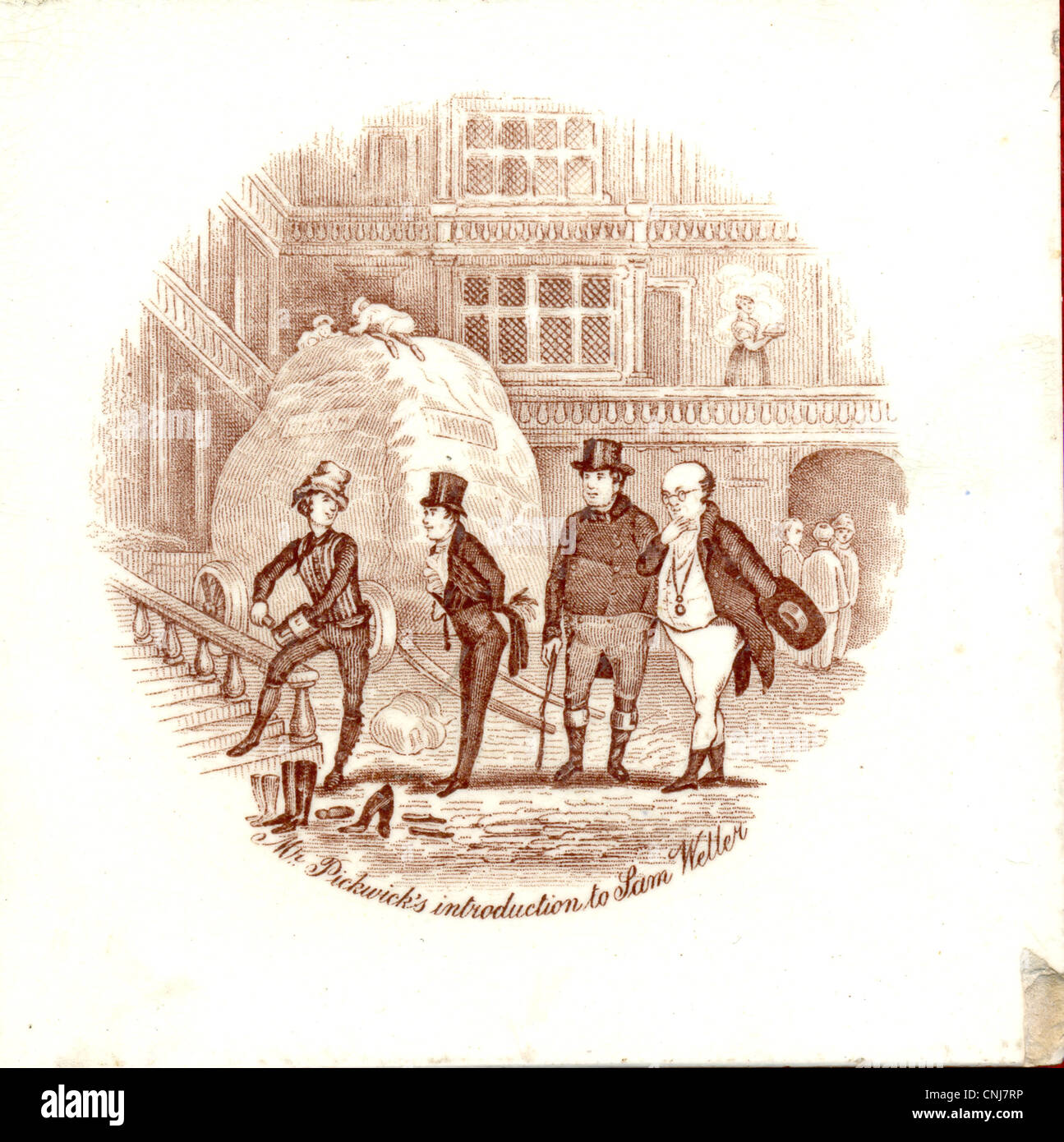 Trasferimento stampato piastrella in ceramica con scena da "Phiz' dal Pickwick Papers da Charles Dickens Foto Stock